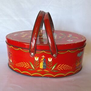 Vintage Red Metal Tin Basket Pennsylvania Dutch Folk Art Oval Picnic Box Storage